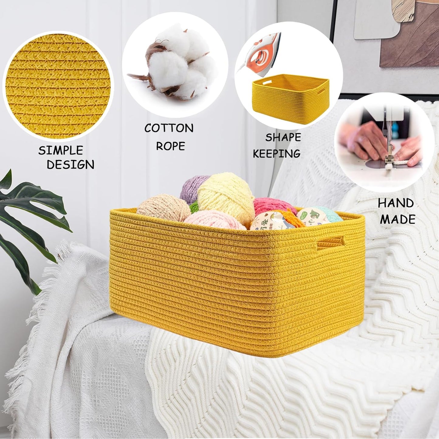 COMFY-HOMI Cotton Rope Woven Basket with Handles for Shelves,Toys,Book, Cloth Storage Baskets for Organizing-17" x 13" x 7.5" Toy Decorative Organizer for Living Room, Bathroom （Yellow）
