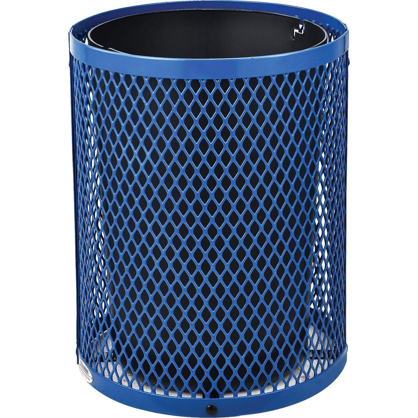 Global Industrial Outdoor Diamond Steel Trash Can with Rain Bonnet Lid and Plastic Liner, 36 Gallon Capacity, Blue, Thermoplastic Coating, 23-1/2" Diameter, 40-1/2"H