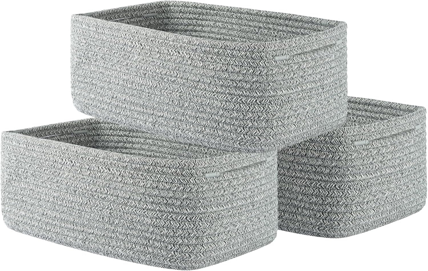 Small Woven Basket, 13.5 x 9.5 x 5 Inches, Storage Basket for Organizing, Cute Small Rope Shelf Closet Cube Storage Bins Baskets for Shelves, Dog Toy Gift Baskets Empty, 3 Packs, Mixed Grey
