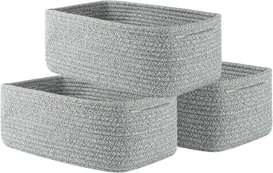 Small Woven Basket, 13.5 x 9.5 x 5 Inches, Storage Basket for Organizing, Cute Small Rope Shelf Closet Cube Storage Bins Baskets for Shelves, Dog Toy Gift Baskets Empty, 3 Packs, Mixed Grey