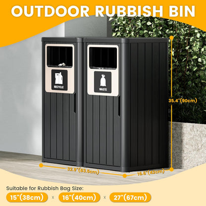 2pcs Outdoor Trash Can Waterproof Resin Garbage Can with Garbage Labels Outdoor Trash Bin for Patio, Garden,Kitchen, Black
