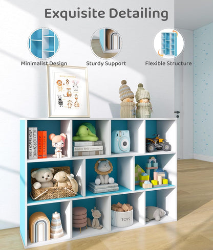 11-Cube Blue Kids Bookshelf and Toy Organizer – Wooden Storage Shelf for Boys Bedroom, Open Cube Bookcase for Toddlers and Playroom Organization