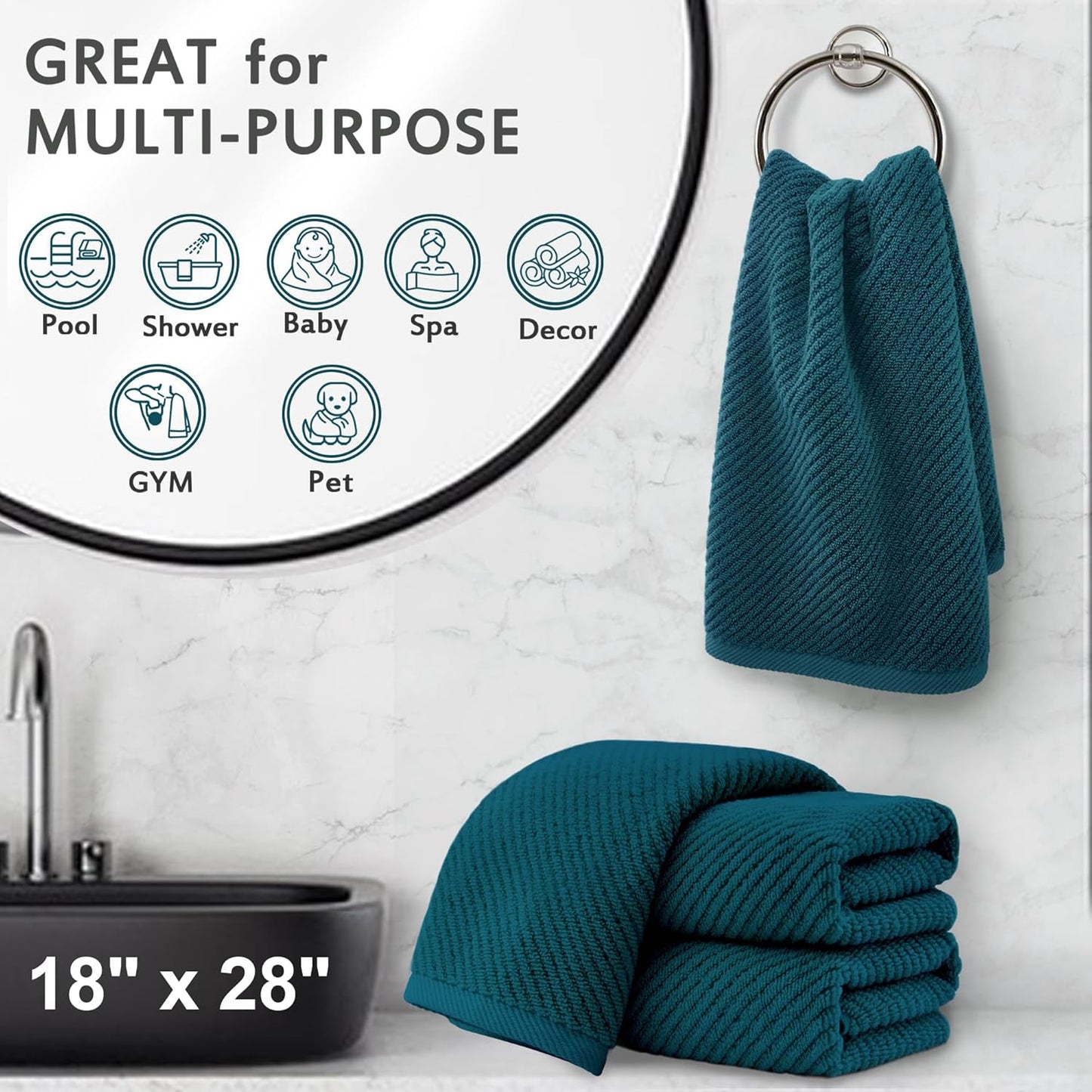 VOOVA & MOVAS Bathroom Hand Towels - 4PC Large 18" x 28", 100% Cotton | Lightweight | Thick | Quick Dry | Soft | Absorbent, Hand Towels for Showering, Bathroom Essentials, Deep Turquoise