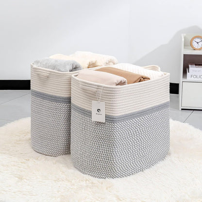 Storage Baskets for Clothes Fabric Cotton Rope Storage Basket with Handles, Decorative Woven Basket for Living Room,Closet Organizer Blankets, and 2bags (White/Gray, L16×W11.4×H15.9)