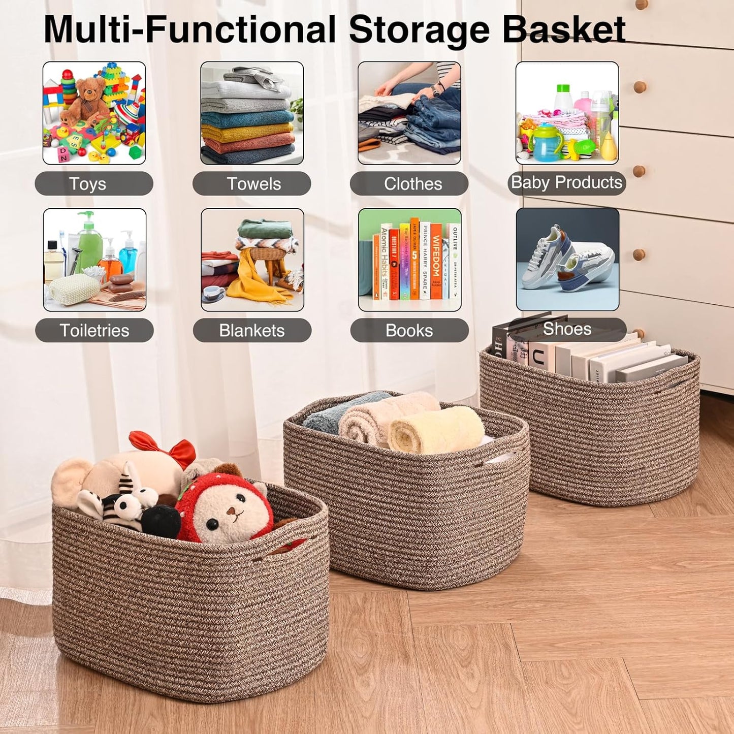 Storage Baskets for Organizing Shelves, Woven Cotton Rope Bins for Baby Nursery Organization, Book Toy Towel Organizer, 15"x11"x9.5", 3 Packs, Dark Brown