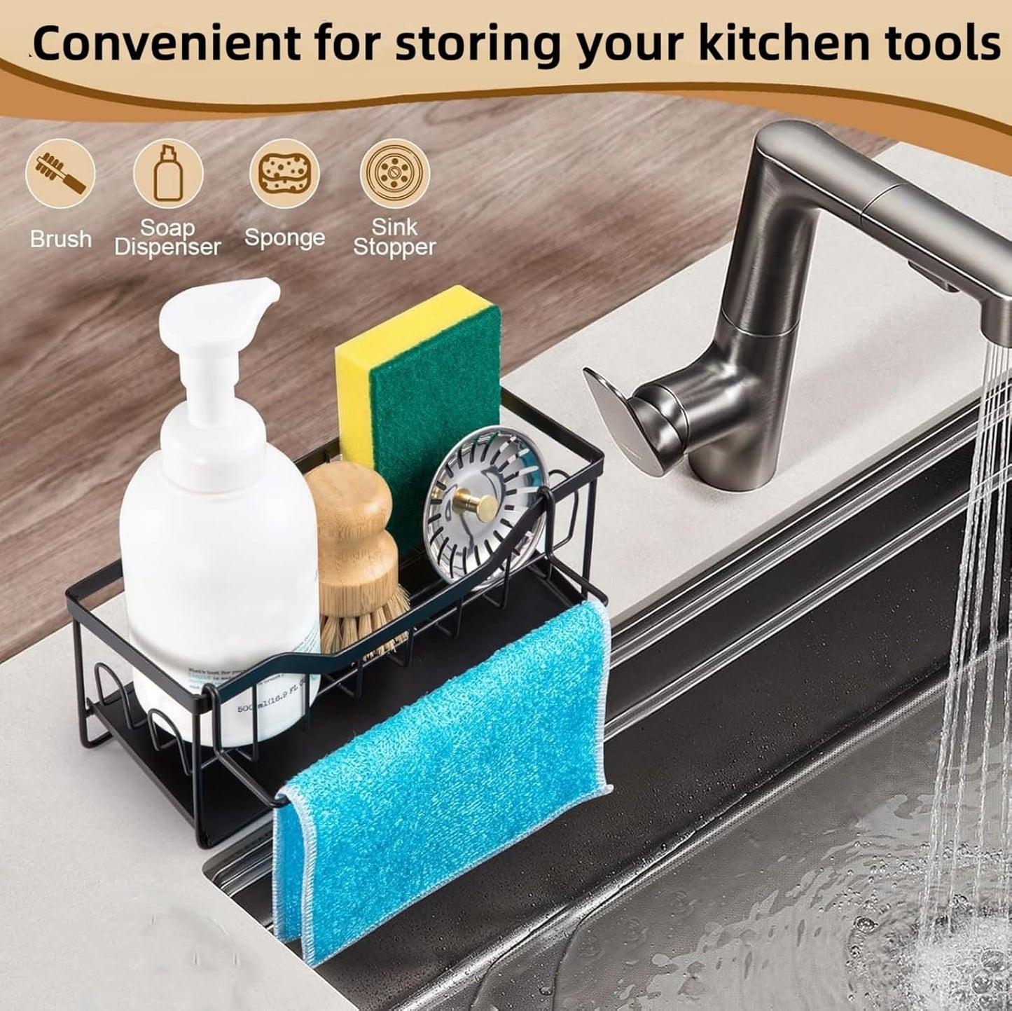 Sponge Holder for Kitchen Sink - Sink Caddy Organizer with Auto Drain Tray, Detachable Towel Rack, Stainless Steel Kitchen Counter Organizer Rack, Black
