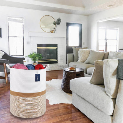 COMSE Extra Large Blanket Basket, Tall Woven Storage Basket, Nursery Hamper, 15.7”x 21.7”, Cotton Rope Laundry Hamper for Toys Clothes Towels, Blend White/Camel