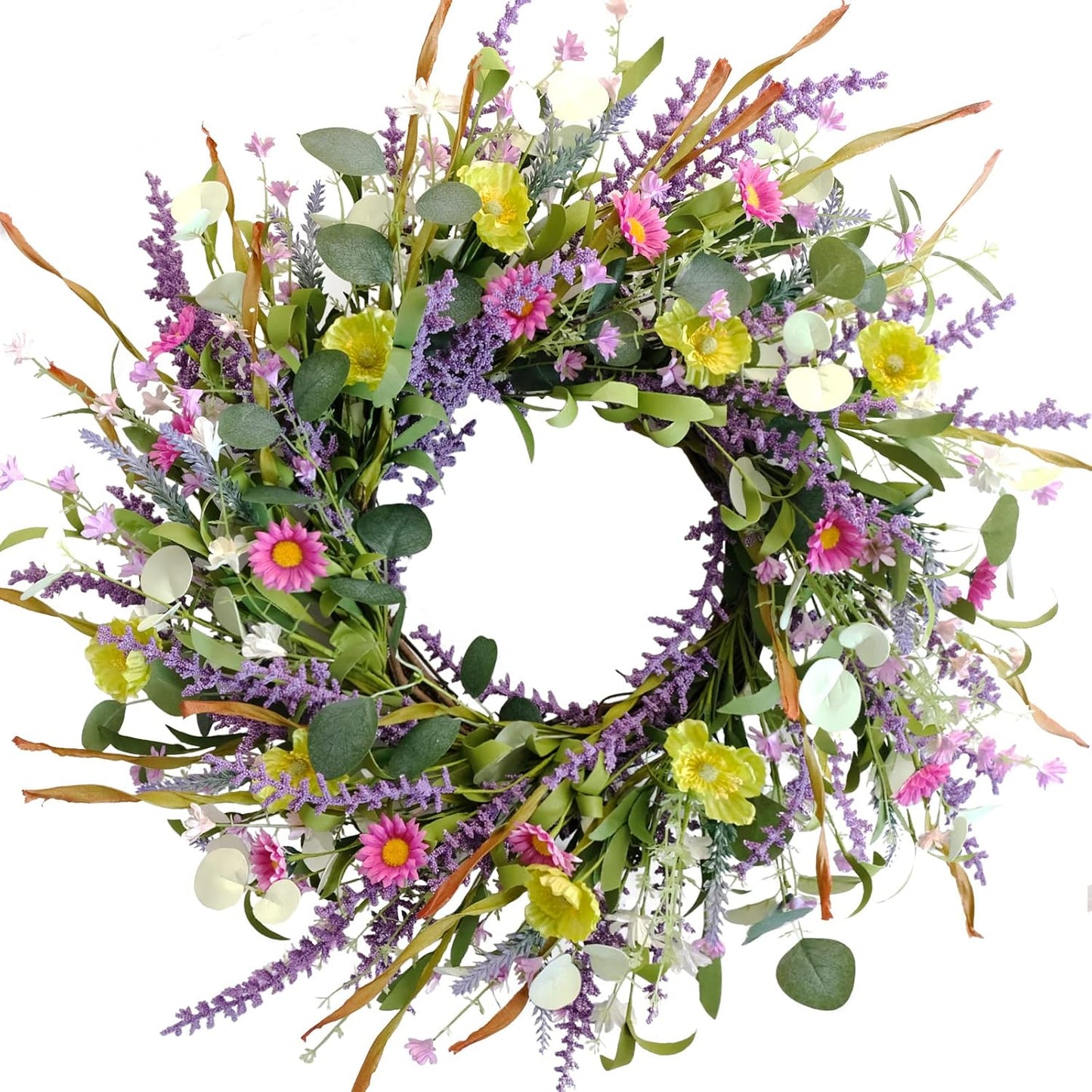 Idyllic 20 Inch Spring Summer Wild Flower Artificial Daisy Front Door Wreath, Everyday Greenery Eucalyptus Leaves for Indoor and Outdoor Use, Rustic Farmhouse Style Home Wreath Decor