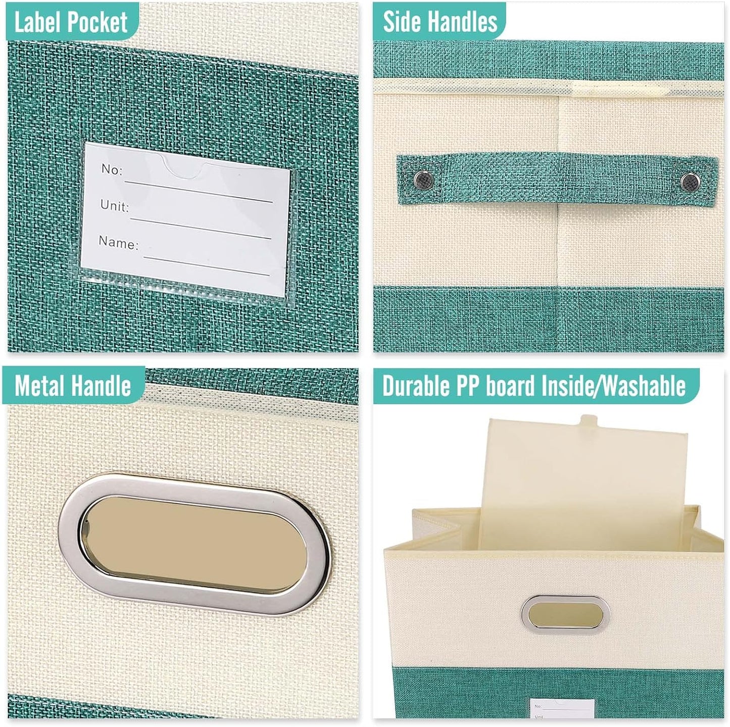 Large Linen Fabric Foldable Storage Bins with Removable Lid and Handles, Washable Storage Box Organizer Containers Baskets Cube with Cover for Bedroom,Office (Turquoise&Cream, Medium(2-Pack))