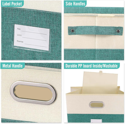 Large Linen Fabric Foldable Storage Bins with Removable Lid and Handles, Washable Storage Box Organizer Containers Baskets Cube with Cover for Bedroom,Office (Turquoise&Cream, Medium(2-Pack))