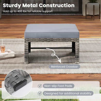 Tangkula 2 Pieces Patio PE Rattan Ottomans, Multipurpose Outdoor Footstool Footrest Additional Seating Side Table with Soft Zippered Cushions for Deck, Garden, and Yard (Gray)