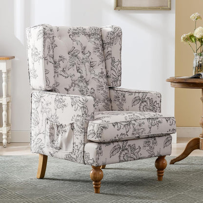 DUOMAY Tufted Accent Chair Set of 2, Modern Linen Upholstered Wingback Side Arm Chair for Living Room Bedroom with Wood Legs, Comfy Reading Guest Chair for Office, Beige Flower Pattern