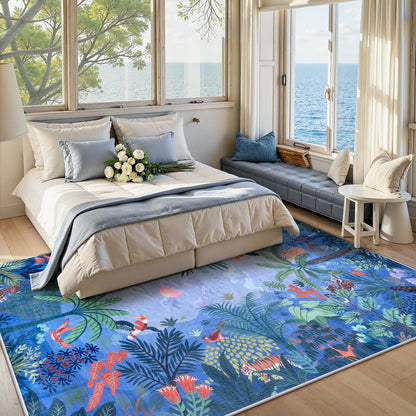 LIVEBOX Washable Jungle Animal Print Rugs 9x12 Blue Rugs for Living Room, Stain Resistant Soft Kids Area Rugs for Bedroom, Non-Skid Modern Dining Room Rug Floor Carpet for Playroom Kids Nursery