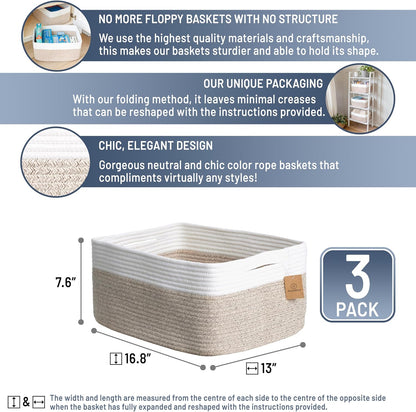 NaturalCozy Storage Baskets 16.8”x13”x7.6” Cotton Rope Woven Baskets for Organizing 3-Pack | Toy Storage Bins | Basket for Shelves, Laundry, Blanket, Clothes, Closet, Kitchen, Bathroom, Gifts