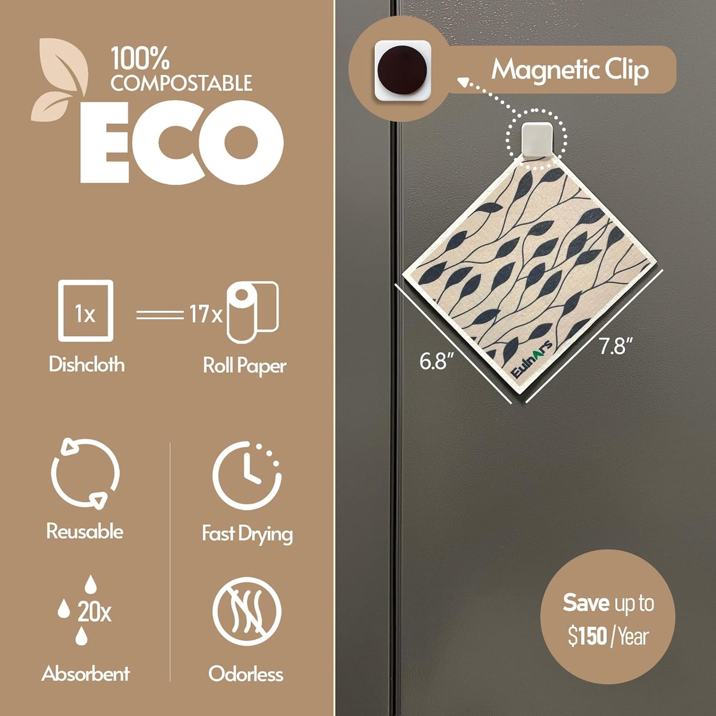 Reusable Paper Towels, 8-Pack Swedish Dishcloths for Kitchen with 3 Clips, Black White, Cotton, 200 Washes