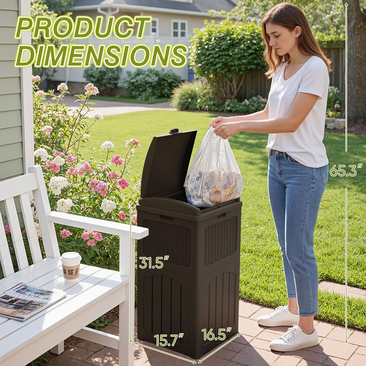 Greesum 33 Gallon Outdoor Trash Can with Lid, Waterproof Resin Garbage Bin for Hideaway, Deck, Patio, Brown