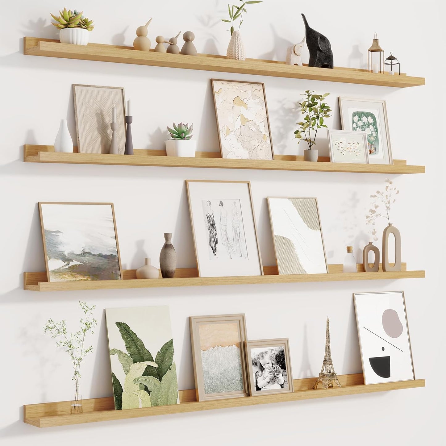 Picture Ledge Shelf for Wall, Floating Shelves Set of 4, 48 Inch Long Nursery Book Shelves for Toys Storage, Kids Bookshelf Wall Mounted for Books Photo Frames, Oak