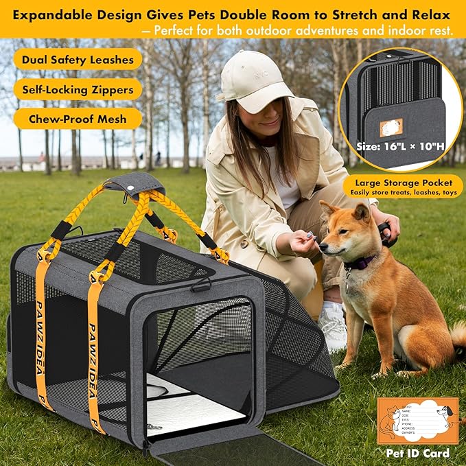 PAWZIDEA Large Pet Carrier Expandable, 24"×16"×16" Soft-Sided Cat Carrier for 2–4 Cats up 55lb, Portable & Collapsible Small Medium Dog Travel Crate for Car, XL Storage Pocket, ID Card, Shoulder Strap