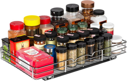 Pull Out Cabinet Organizer for Spices, Cans - Heavy Duty with Lifetime Limited Warranty- Pull Out Spice Rack- Cabinet Pull Out Shelf for Cans,Dishes, Etc, 18-3/8"Wx 10-1/2"D x 2-3/4” H, Chrome