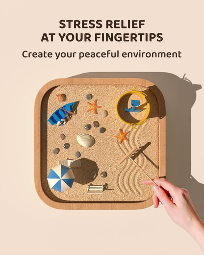 Mini Zen Garden - Beach Sandbox for Desk - Sand Tray Therapy Kit - Miniature Zen Garden Gift Set with Natural Sand, Rakes, Rocks and Accessories