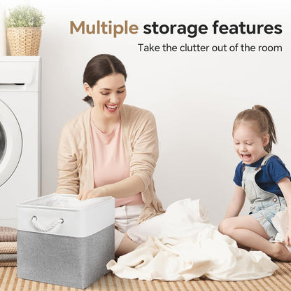 13x13 Inch Cube Storage Bins with Reinforced Bottom Cardboard, 6 Pack Large Collapsible Fabric Storage Cubes with Handles for Shelf, Closet, Toy, Laundry Organization (White&Gray)