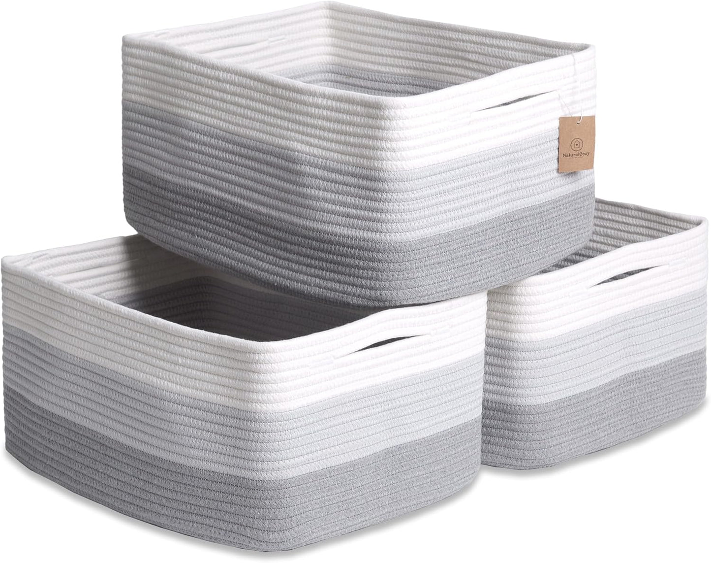 NaturalCozy Storage Baskets 16.8”x13”x7.6” Cotton Rope Woven Baskets for Organizing 3-Pack | Toy Storage Bins | Basket for Shelves, Laundry, Blanket, Clothes, Closet, Kitchen, Bathroom, Gifts