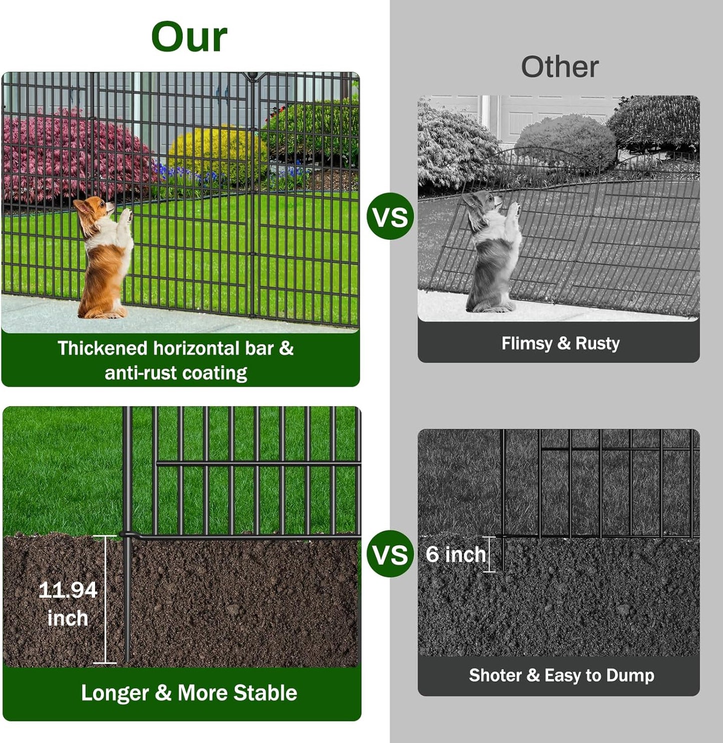 No Dig Decorative Garden Fence 5 Panels with Gate, 40 in (H) x 11.8 ft (L), Dog Fence Outdoor for Yard，Rustproof Metal Animal Barrier Ground Stakes Fencing for Garden, Patio, Flower Bed