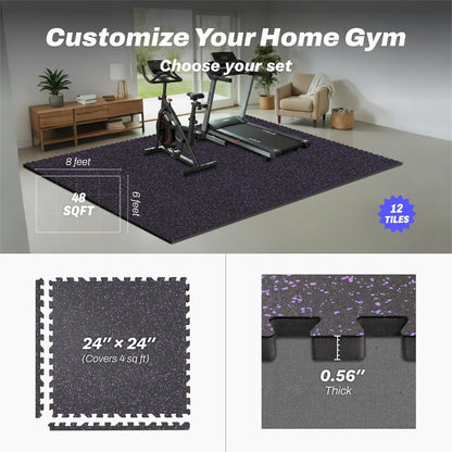AIRHOP 0.56in Thick 48 Sq Ft Exercise Equipment Mats, 12 Tiles Upgraded Rubber Top with High Density EVA Foam, Large Interlocking Puzzle Gym Flooring for Home Gym, Heavy Weight Workout, 24 x 24in