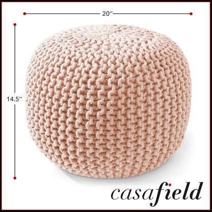 Casafield Round Pouf Ottoman, Light Pink - 20" Diameter x 14.5" High Cotton Knit Foot Stool - Boho Floor Pouffe for Living Room, Bedroom, Home Office