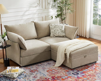 Luxury Modular Sectional Sofa, L-Shaped 3-Seat Couch with Storage Ottoman Deep Seat & Reversible Chaise Lounge Chenille Beige for Compact Spaces, Apartments, Dorm