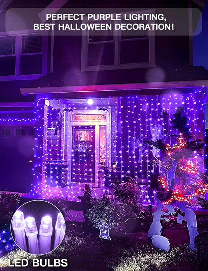 suddus Purple Curtain Lights for Halloween, 200 LED Hanging String Lights with USB Plug, Curtain String Lights Indoor for Bedroom Wall, Christmas, Party, Porch, Holiday Decorations, 6.5ft * 6.5ft