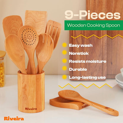 Riveira Cherry Wooden Spoons for Cooking Set of 9 – Natural Cherry Wooden Cooking Utensils, Wooden Spatula, Wooden Spoon - Premium Quality Wooden Utensil Set for Non-Toxic Cooking