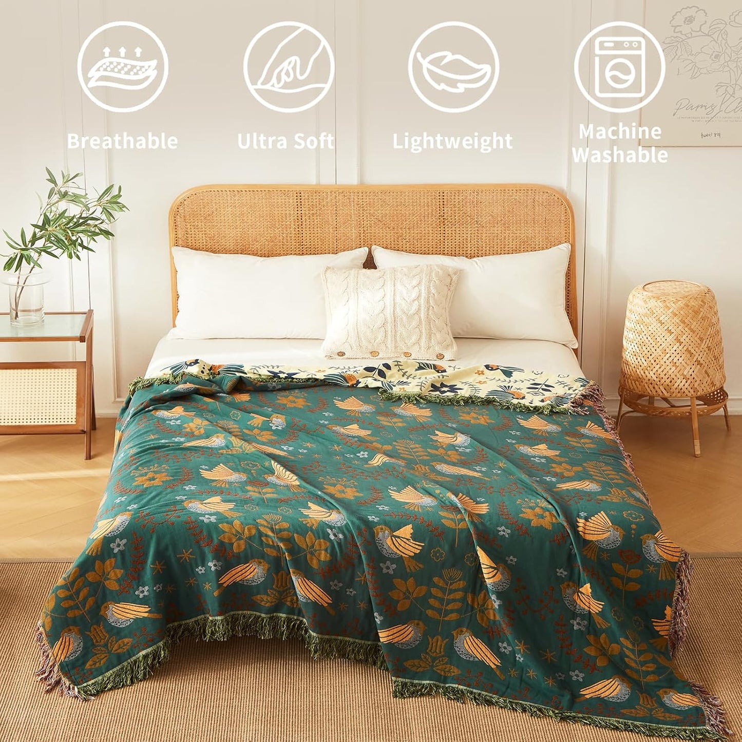 Luxury Throw Blanket Cotton Muslin Throw Blanket for Couch Breathable Floral Blanket Throw for Sofa Couch Chair Home Decoration (80"x90",01-Cute Bird)
