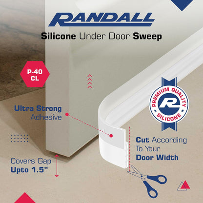 Adhesive Backed Door Draft Stopper – Silicone Under Door Sweep for Interior & Exterior Doors, Noise & Air Insulation, Self Stick Weather Stripping Door Seal, 2" W x 39" L (Clear) by Randall Mfg