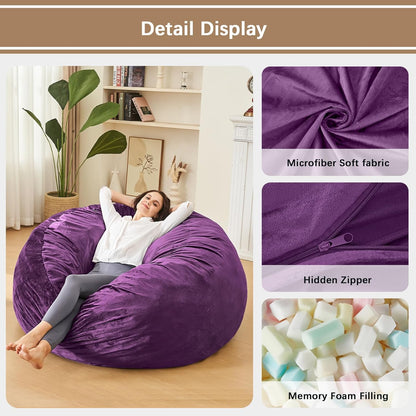 Bean Bag Chairs for Adults - Memory Foam Furniture BeanBag Chair - Kids/Teens Sofa with Soft Micro Fiber Cover - Round Fluffy Couch for Living Room Bedroom College Dorm - 4 ft, Purple