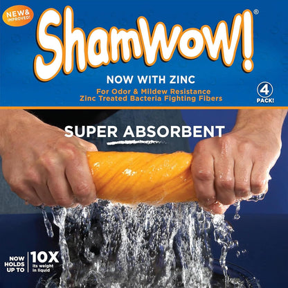 ShamWow Original Super Absorbent Multi-Purpose Cleaning Shammy Chamois Towel Cloth - Holds 10X its Weight in Liquid - Machine Washable - Will Not Scratch (4 Pack, Orange)