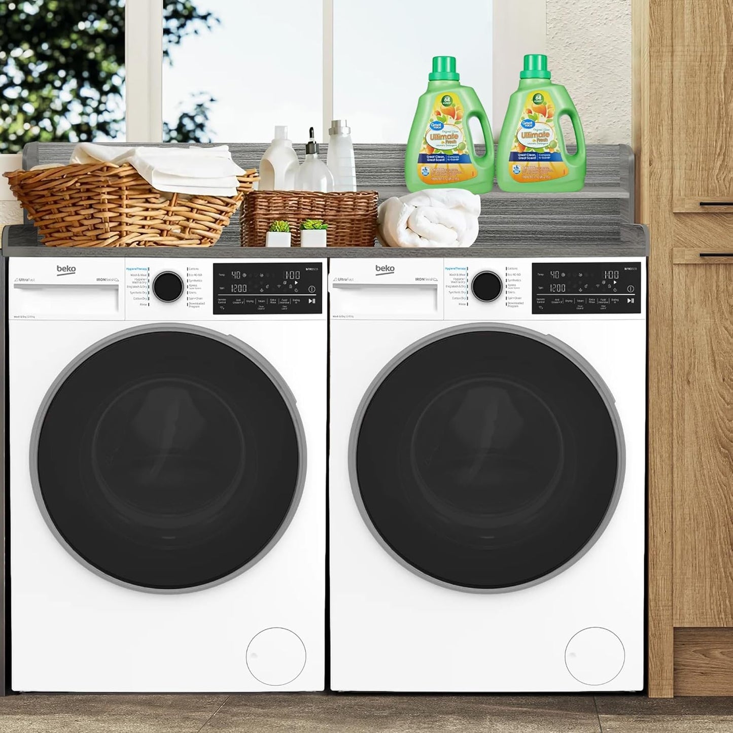 Royxen Laundry Countertop with 2-tier Shelf Universal Fit, Washer and Dryer Countertop with Storage Space, Shelf Height 11.5 Inches, Solid Wood, Eucalyptus