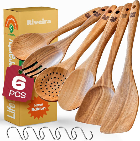 Riveira's 6-Piece Kitchen Essentials - Wooden Spoons for Cooking and Comprehensive Cooking Utensils Set