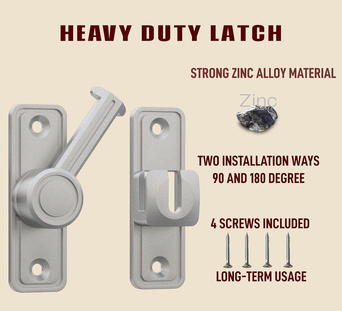 Barn Door Privacy Latch, 90°/180° Swing Slide Lock, Zinc-Alloy, Adhesive or Screw Mount, Interior Use for Bathroom/Bedroom/Closet/Shed, Includes Screws & Glue - Silver