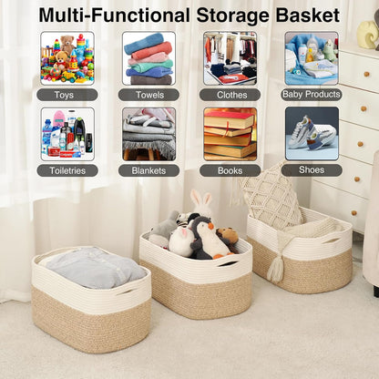 Large Storage Baskets for Organizing Shelves, Woven Cotton Rope Bins for Baby Nursery Organization, Book Toy Towel Organizer, 17"x13"x9.5", 3 Packs, Off White & Brown