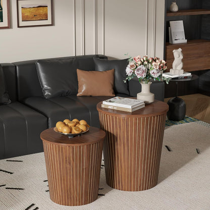 Round Coffee Table Set,2-Piece Modern Farmhouse Living Room End Table Set, Nesting Table Round Natural Finish for Living Room (Walnut, 17.72'')