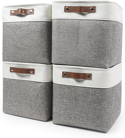 13x13 Cube Storage Bins, Collapsible Fabric Storage Box, 4 Pack Closet Baskets with Handles for Organizing, Shelf, Toys, Clothes, Home, Office, Nursery (Grey&White)