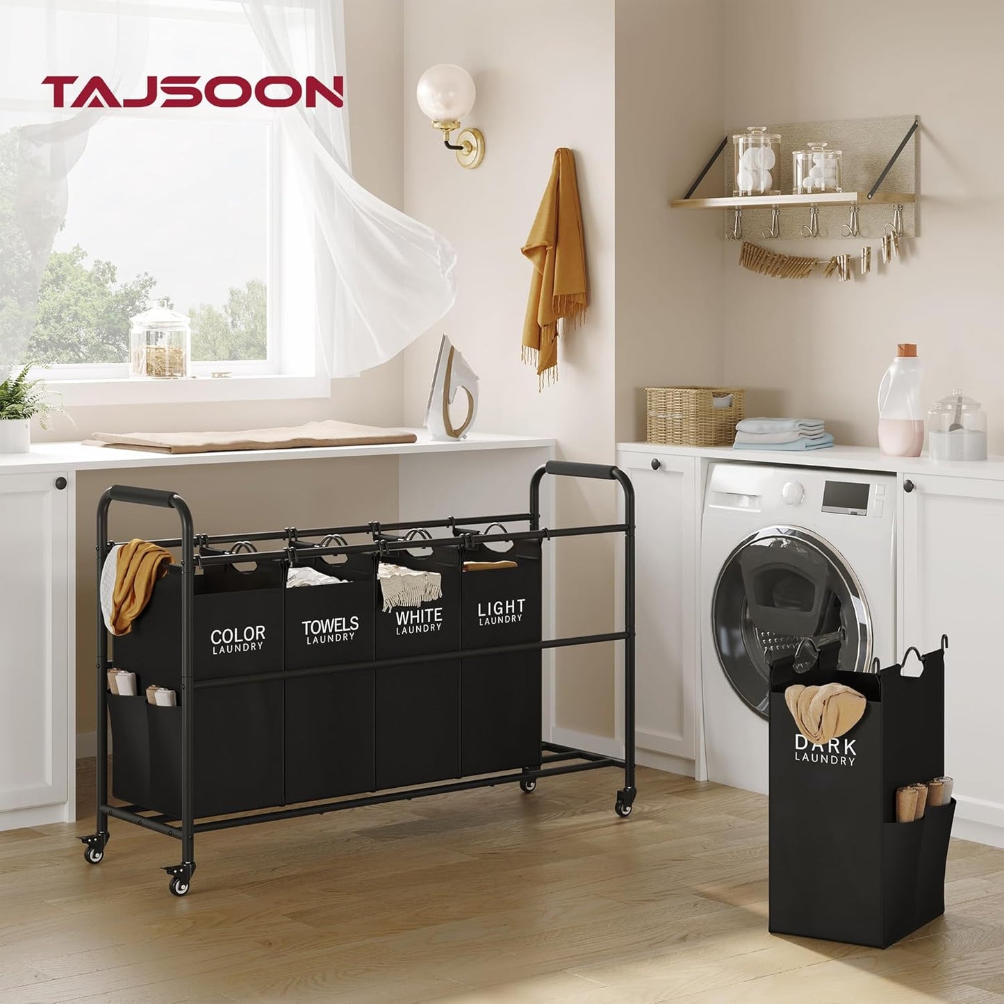 Tajsoon 5 Bag Laundry Sorter Cart, 5 Section Laundry Hamper with Heavy Duty Rolling Lockable Wheels, Laundry Basket Organizer with Removable Bags for Dirty Clothes Storage, Black