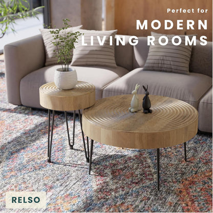 Relso Aspen Round Nesting Coffee Table Set of 2 – Solid Wood Nesting Tables with Metal Legs, Natural Finish | End Table with Ring Pattern | Modern Accent Tables for Living Room, Boho, Farmhouse Decor