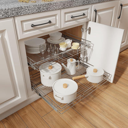 ROOMTEC Individual Pull Out Cabinet Organizer (25½"W x 21½"D), 2 Tier Spice Rack Organizer for Cabinet, Slide Out Drawer Pantry Shelf Organization and Storage for Kitchen Bathroom
