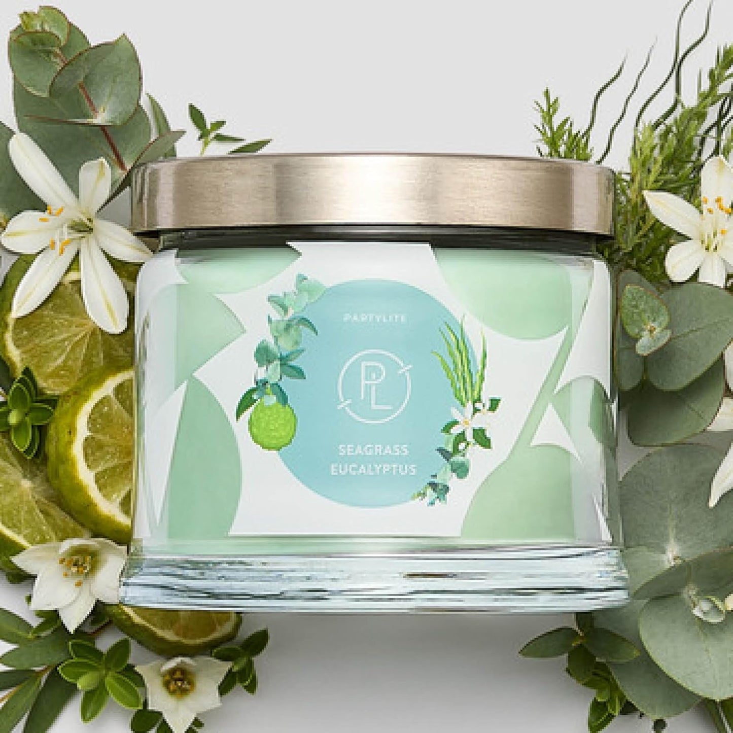 PartyLite Sea Grass Eucalyptus Scented, Notes of Eucalyptus, Lemon, Seagrass & Driftwood, 13.2oz 3-Wick Jar Candle, 45 Hour Burn Time, Luxurious Fragrance, Ideal for Gifting
