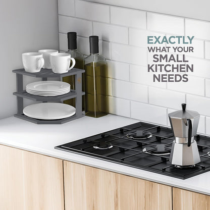 Cabinet Organizer Shelf - Bamboo Corner Rack for Kitchen Counter, Cabinet Space Saver for Plates, Dishes, Bowls, Bread Pantry, Bathroom Storage or Countertop Stand, Grey