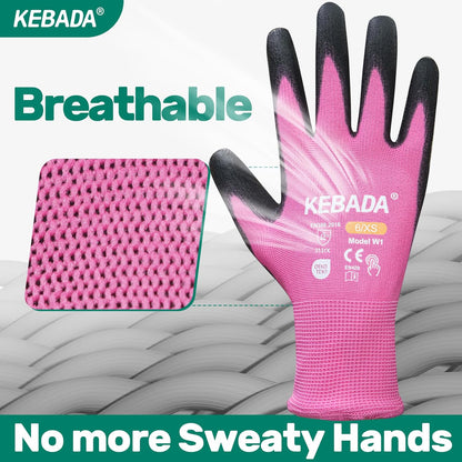 Kebada W1 Work Gloves Women, PU Coated Safety Gloves with Grip, Touchscreen, Ideal for Warehouse Package Handling, Construction, Gardening, Pink Small