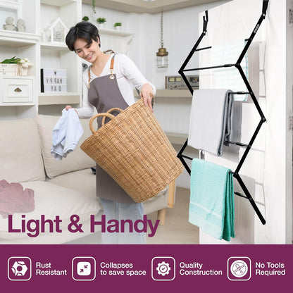 BLACK+DECKER Over The Door Expandable Telescopic Drying Rack, Clothes Organizer, Towel Hanger, Laundry, Collapsible, Black