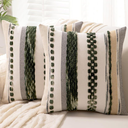 Boho Throw Pillow Covers 18x18 Set of 2 Christmas Decorative Cushion Case Striped Square Pillows Cover Chenille Pillow Cases Accent Neutral Pillowcase for Sofa Couch Bed,Dark Green